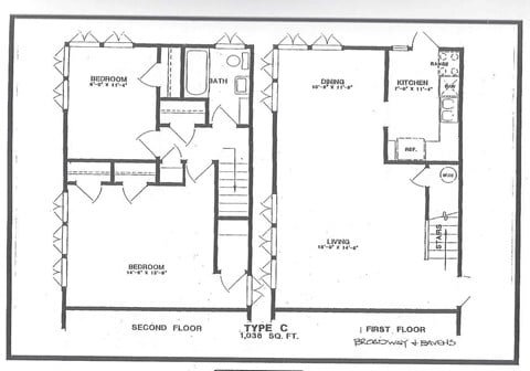 Floor plan for 2 beds, 1 bath, 1038 sqft